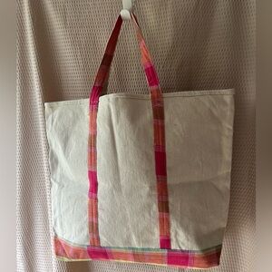 Natural canvas tote bag 15"x20". Plaid base & straps. New